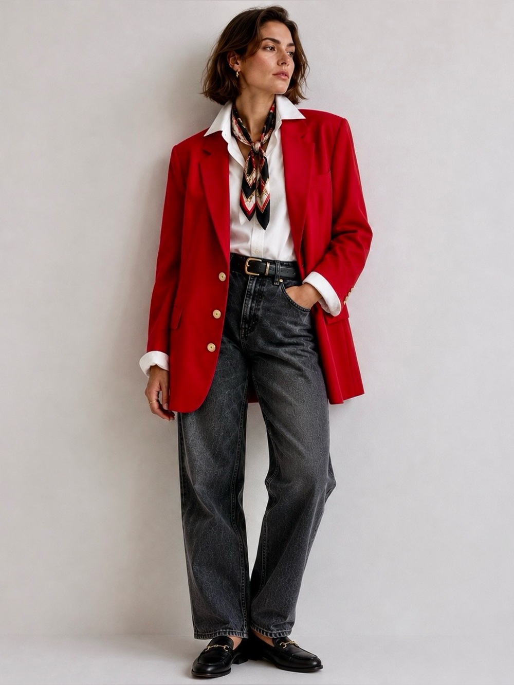 Vintage Red Oversized Blazer Gold Buttons Lightweight Preppy Size L